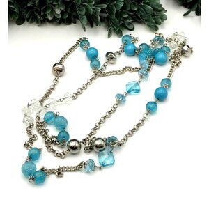 Vintage Style Long Silver-Tone Chain Necklace With Blue & Clear Beads